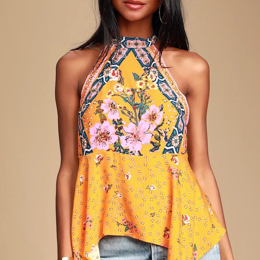Free People New Wave Floral Halter Tank with Open Back and qd